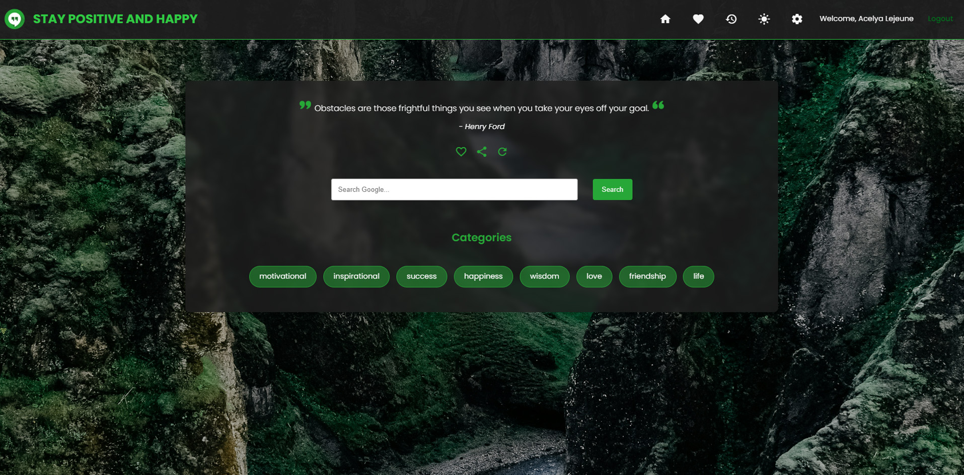 Positive Quotes App dark theme homepage