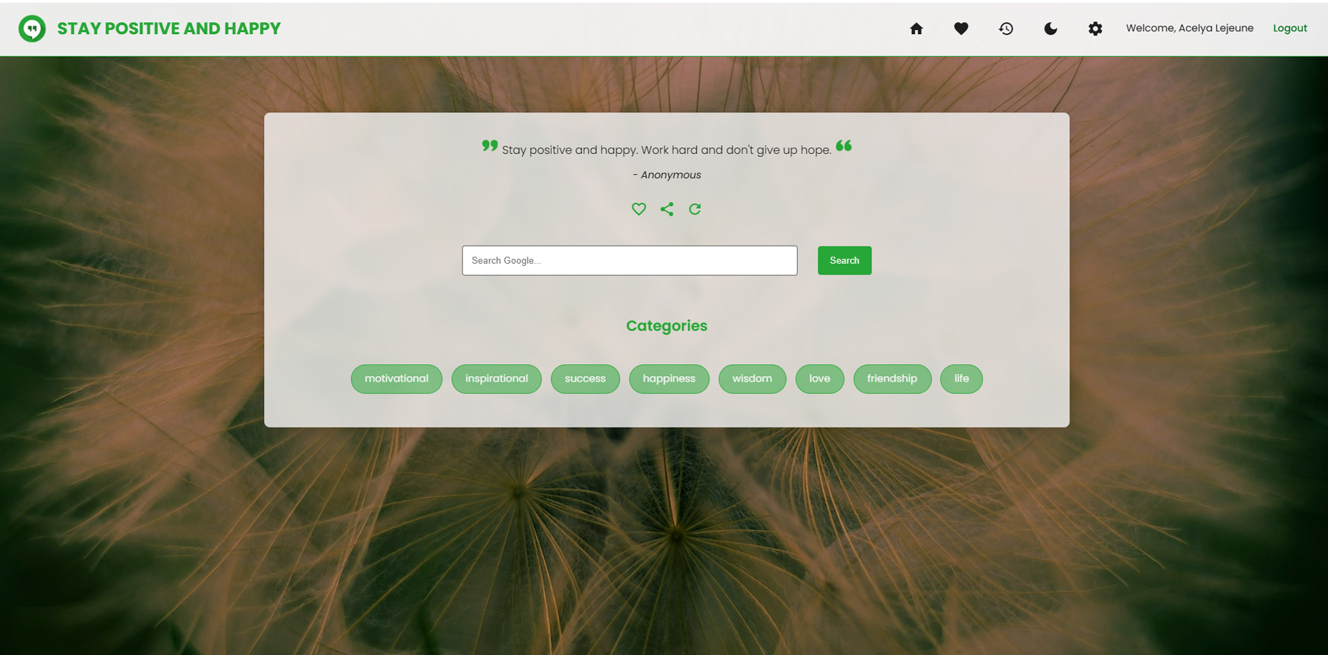 Positive Quotes App light theme homepage