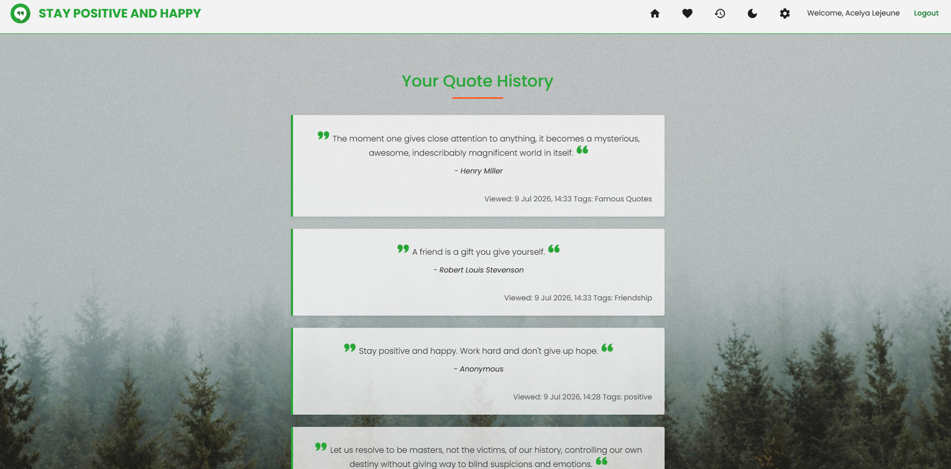 Positive Quotes App quote history page