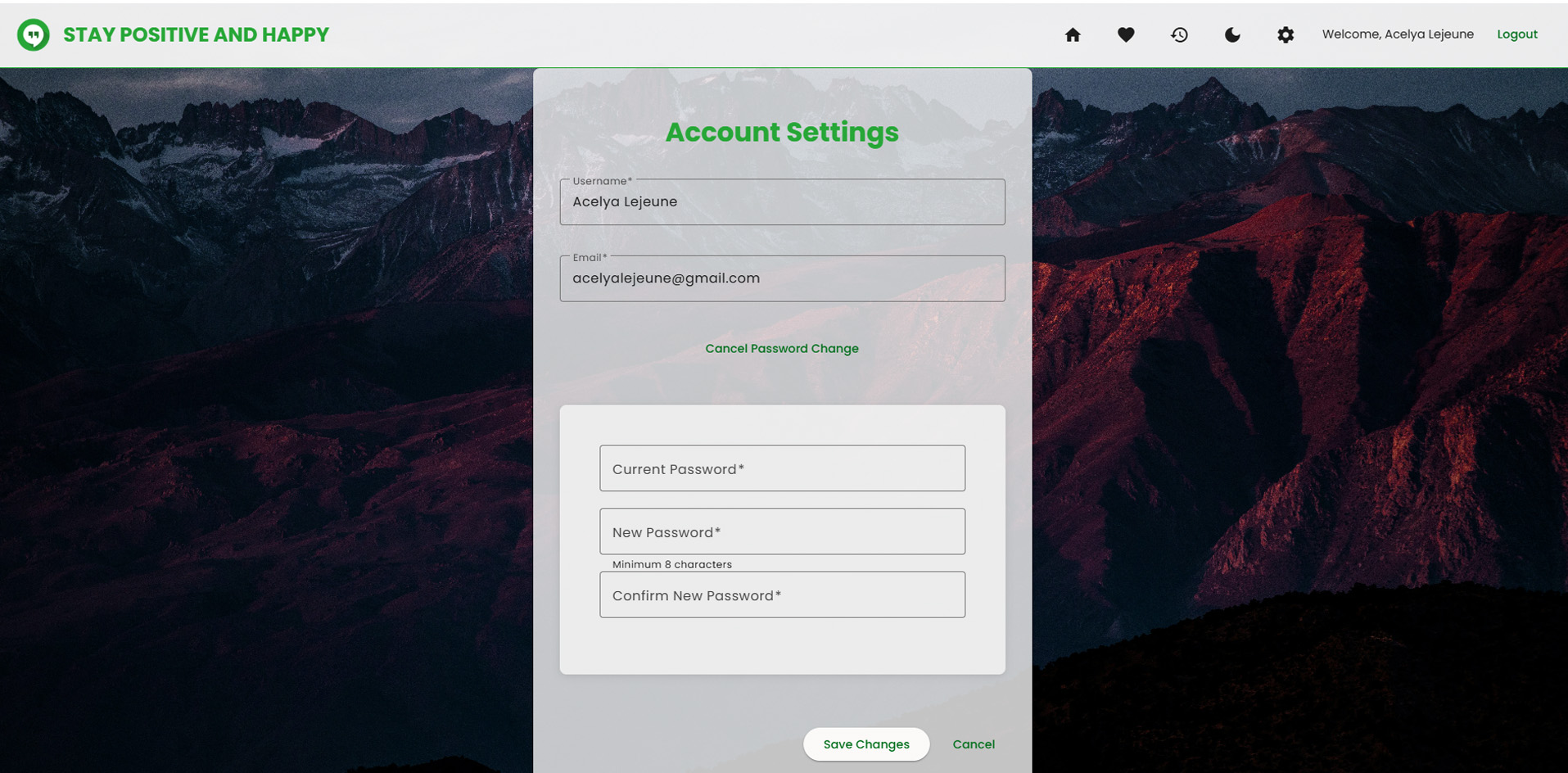 Positive Quotes App account settings page